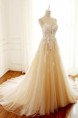 Long A-line Sweetheart Tulle Spaghetti Sweep Train Wedding Dress
