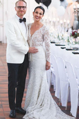Long Sleeve Lace V-Neck Mermaid Wedding Dress with Open Back