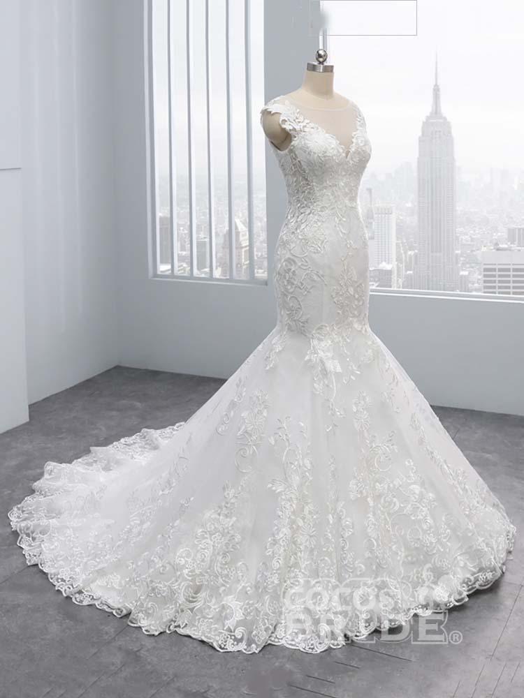Elegant Long V-Neck Lace Tulle Mermaid Wedding Dresses