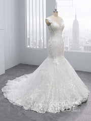 Elegant Long V-Neck Lace Tulle Mermaid Wedding Dresses