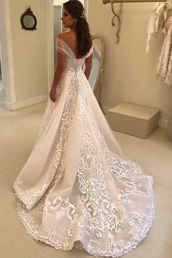 Elegant Long A-line Off the Shoulder Floral Lace Appliques Wedding Dress