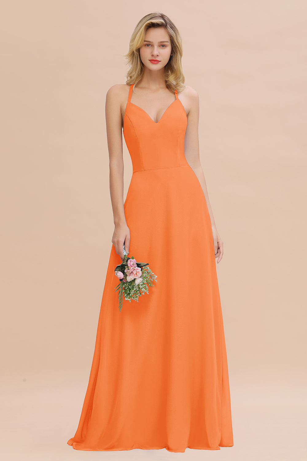 Stylish Chiffon Spaghetti Straps Sleeveless Long Bridesmaid Dress