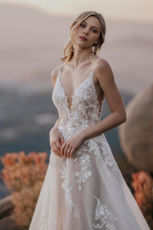 Long Backless Spaghetti Straps V-Neck A-Line Tulle Appliques Lace Wedding Dress