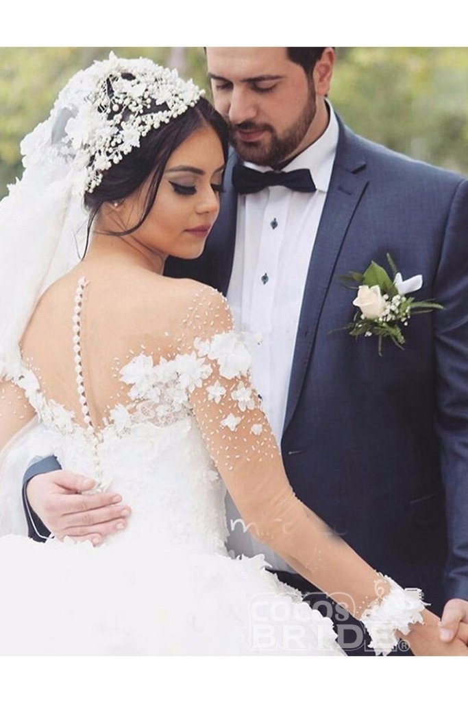 Ball Gown Sweetheart Long Sleeves Tulle Wedding Dresses with Flowers