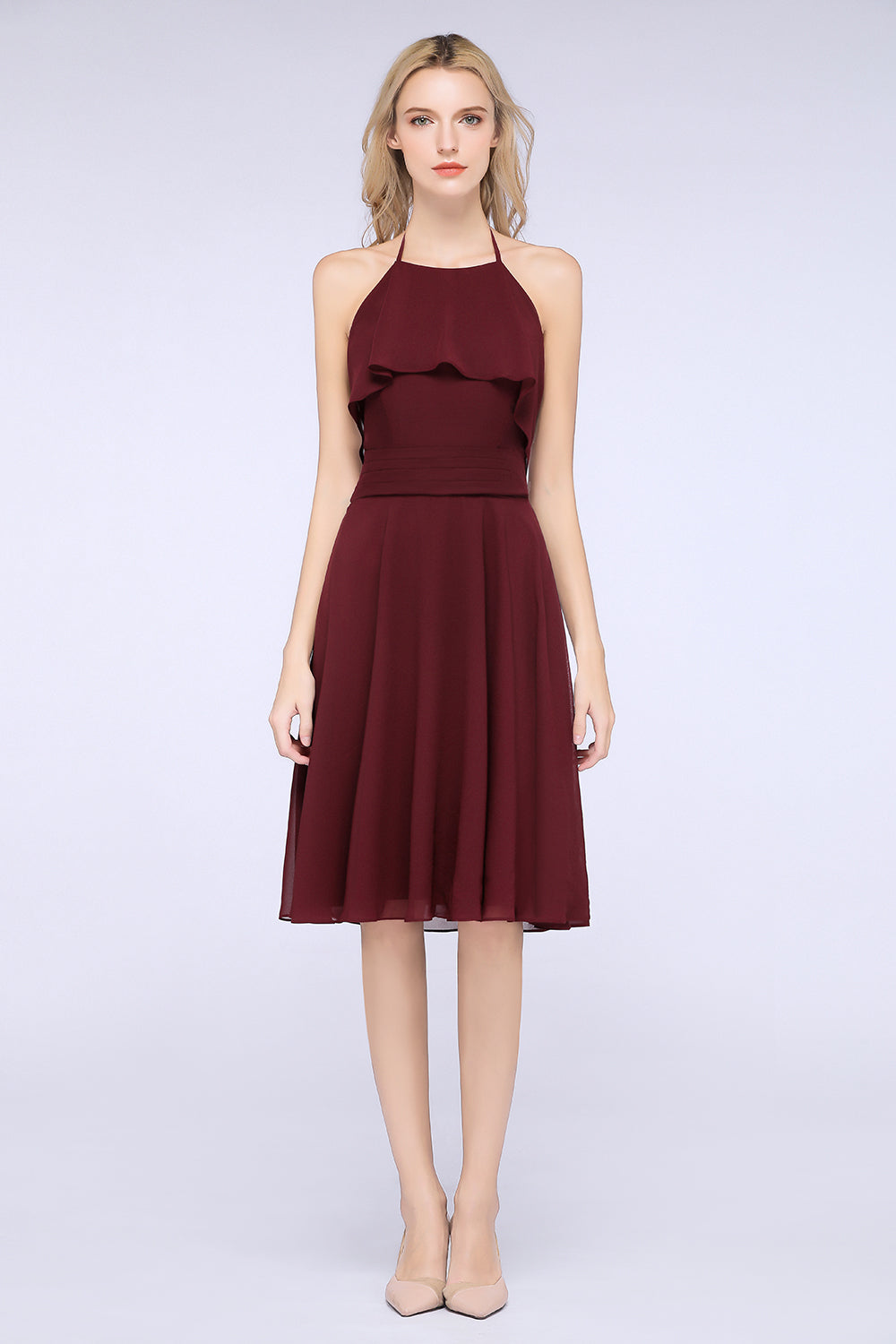 A-Line Chiffon Halter Sleeveless Knee-Length Bridesmaid Dress with Ruffles