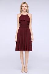 A-Line Chiffon Halter Sleeveless Knee-Length Bridesmaid Dress with Ruffles