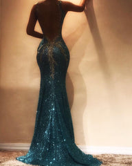 Long Mermaid V-neck Sequins Open Back Prom Dress
