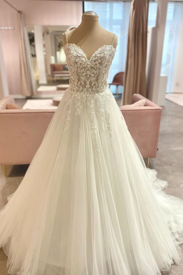 Long Spaghetti Straps Sweetheart Floral Lace Tulle A-Line Wedding Dress
