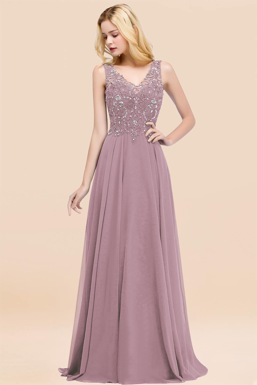 A-line Chiffon Appliques V-neck Sleeveless Floor Length Bridesmaid Dresses with Crystals