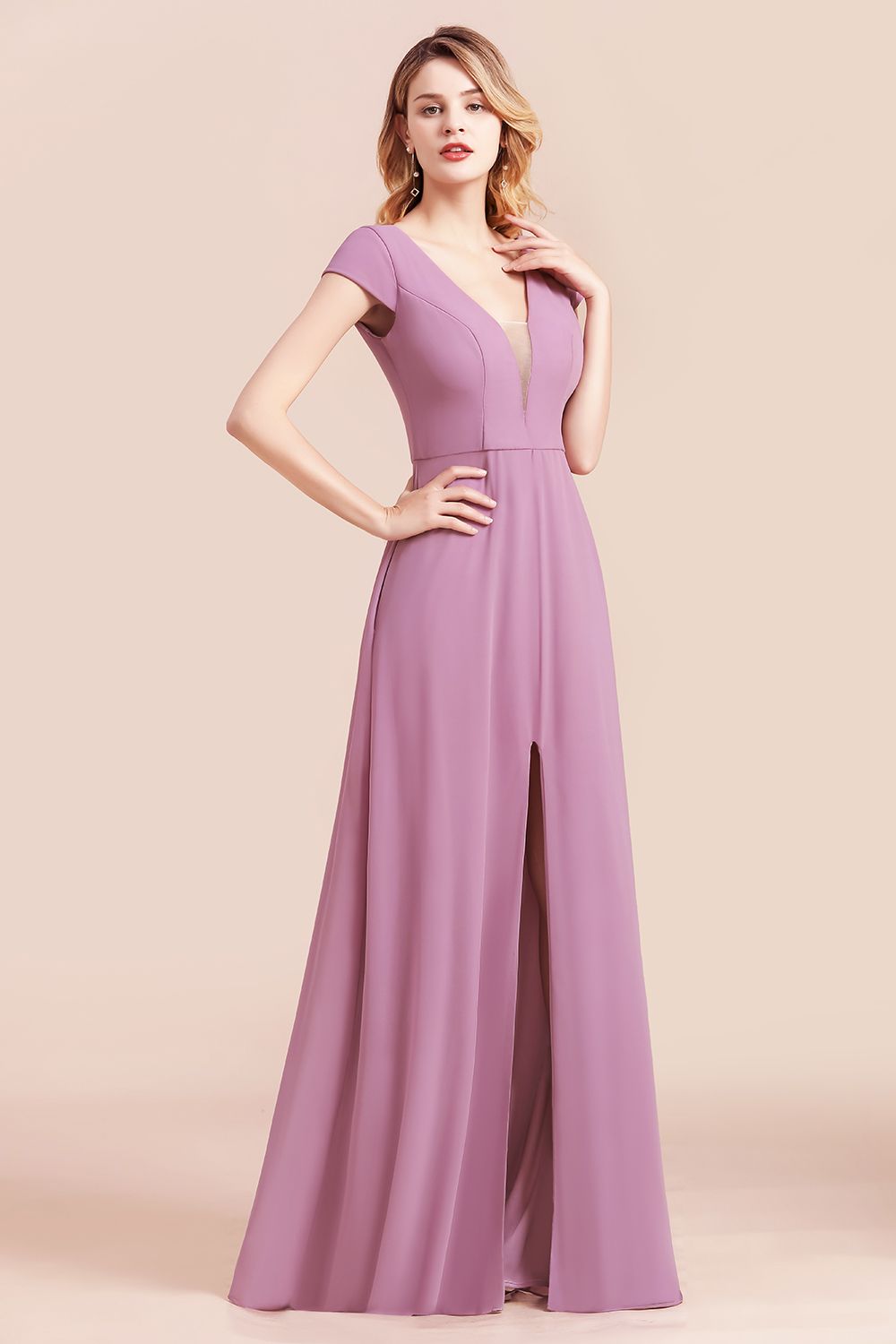 Stylish V-neck Backless A-Line Short Sleeves Chiffon Bridesmaid Dress Wth Side Slit Pockets