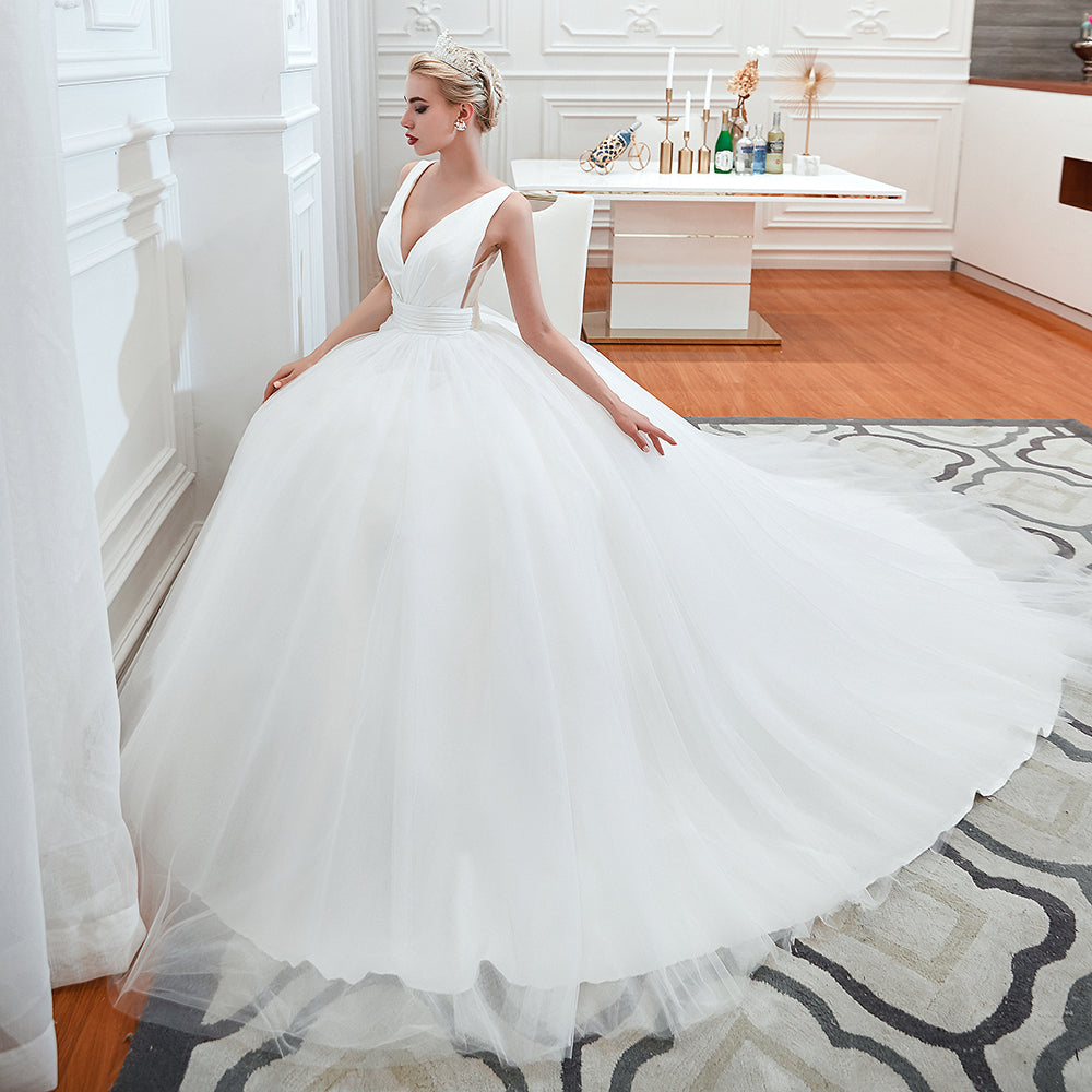 Long A-Line Tulle Wide Straps Deep V-neck Floor Length Wedding Dress