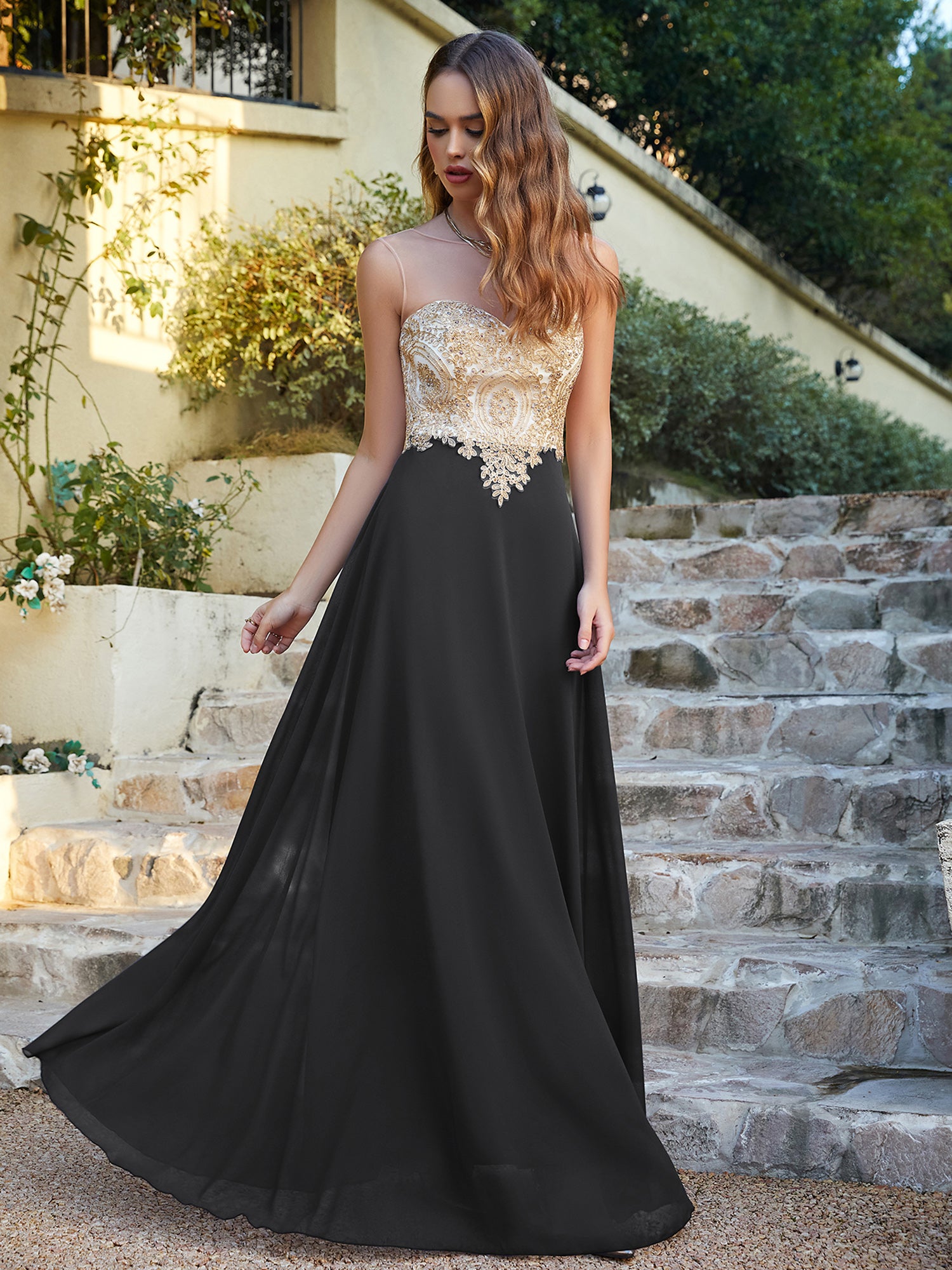 Elegant Long A-line Chiffon Sleeveless Tulle Lace Appliques Prom Dress