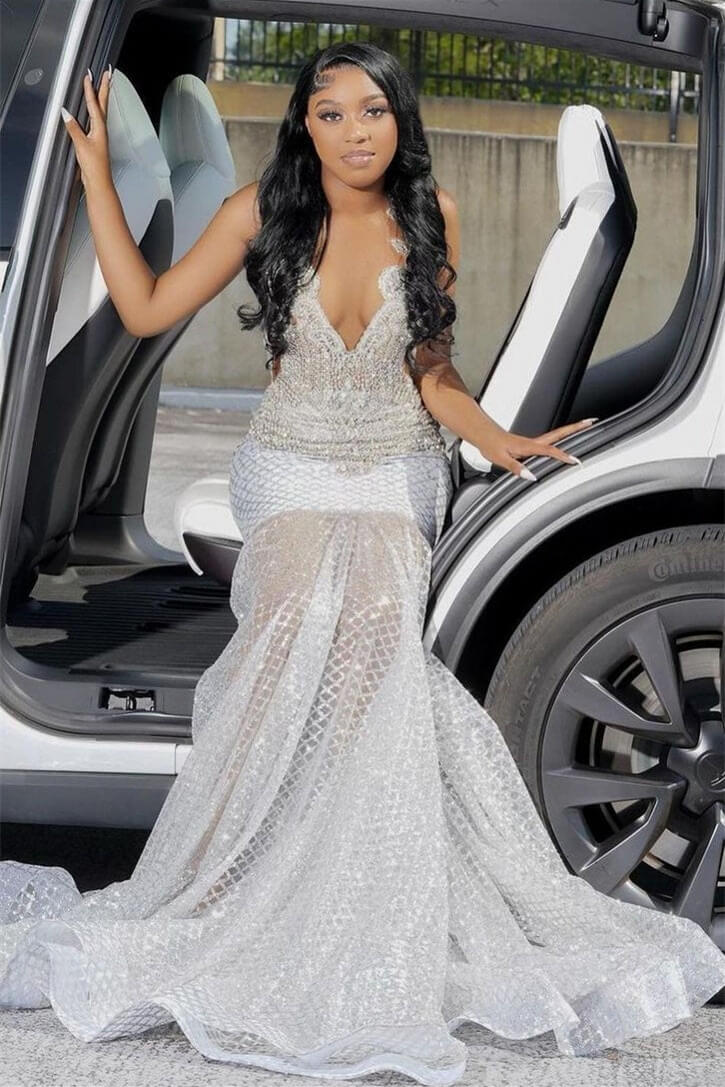Long Sparkle V-Neck Mermaid Tulle Beaded Prom Dress