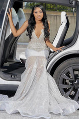 Long Sparkle V-Neck Mermaid Tulle Beaded Prom Dress