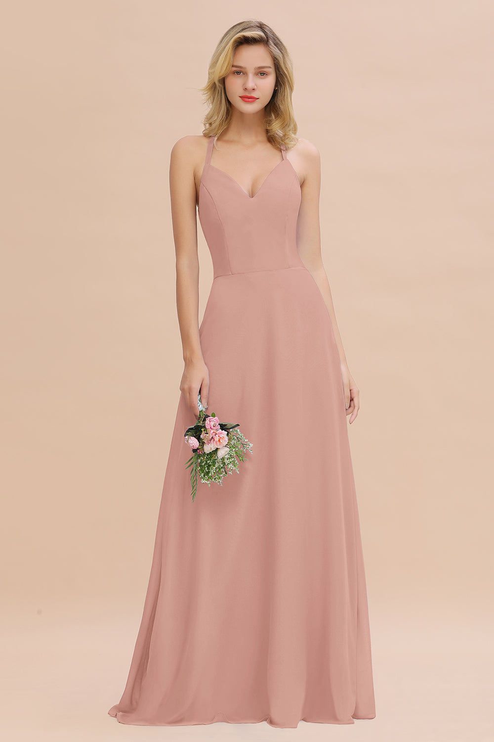 Stylish Chiffon Spaghetti Straps Sleeveless Long Bridesmaid Dress