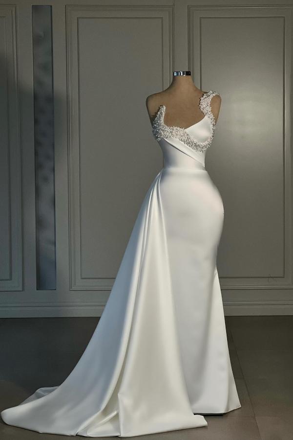 Long Mermaid White Strapless Satin Prom Dress with Beads