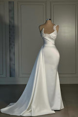 Long Mermaid White Strapless Satin Prom Dress with Beads