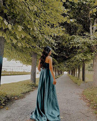 Simple A-line One Shoulder Satin Floor Length Prom Dress With Ruffles