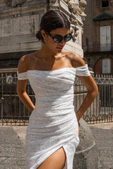 Sparkly Long Mermaid Off the Shoulder Sequins Ruched Wedding Dress with Slit
