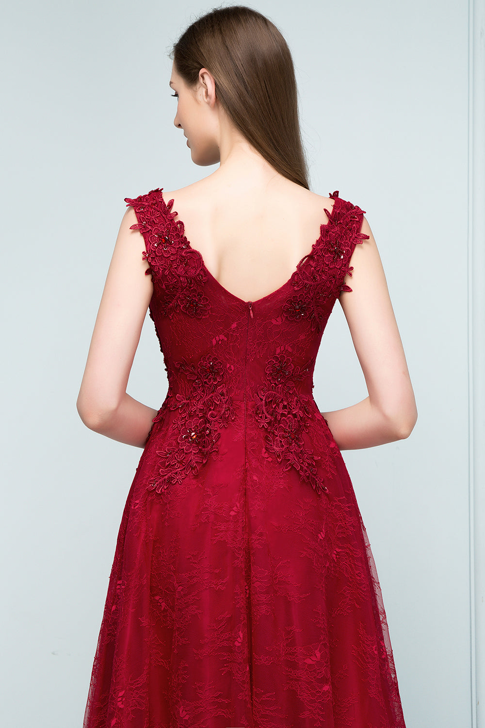 Long V-neck Tulle Lace A-line Evening Formal Dress