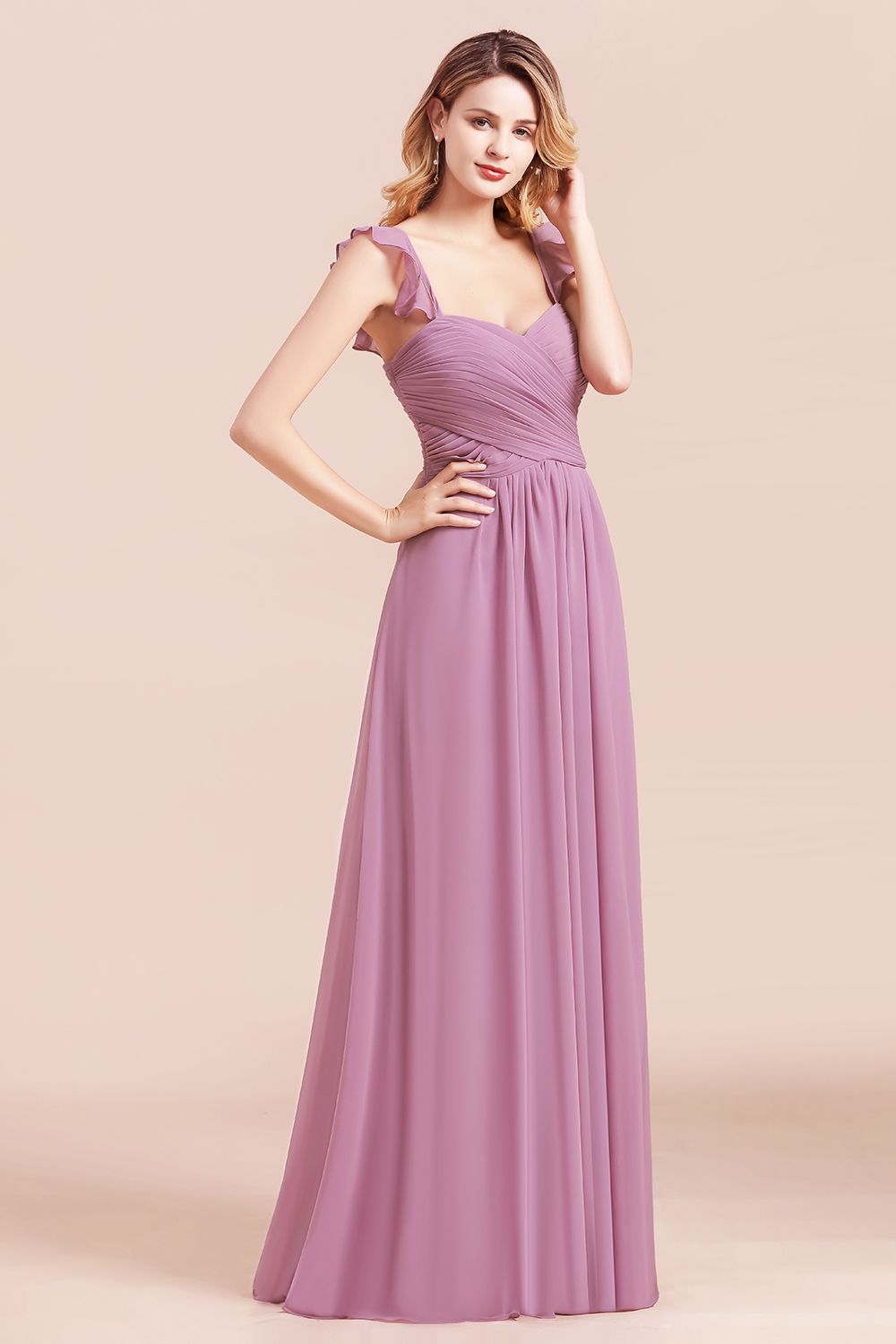 Sweetheart Ruffles Straps Chiffon Long Bridesmaid Dress A-Line Sleeveless Party Dress