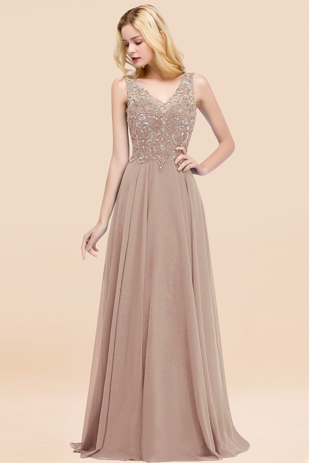 Dusty Rose Lace V-Neck Long Bridesmaid Dresses With Appliques