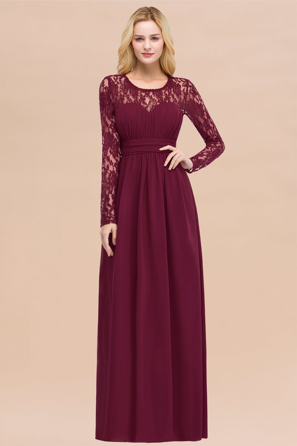 Elegant A-Line Chiffon Jewel Long Sleeves Ruffles Floor Length Bridesmaid Dresses