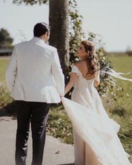 Long A-line Off the Shoulder Tulle Boho Wedding Dress with Lace