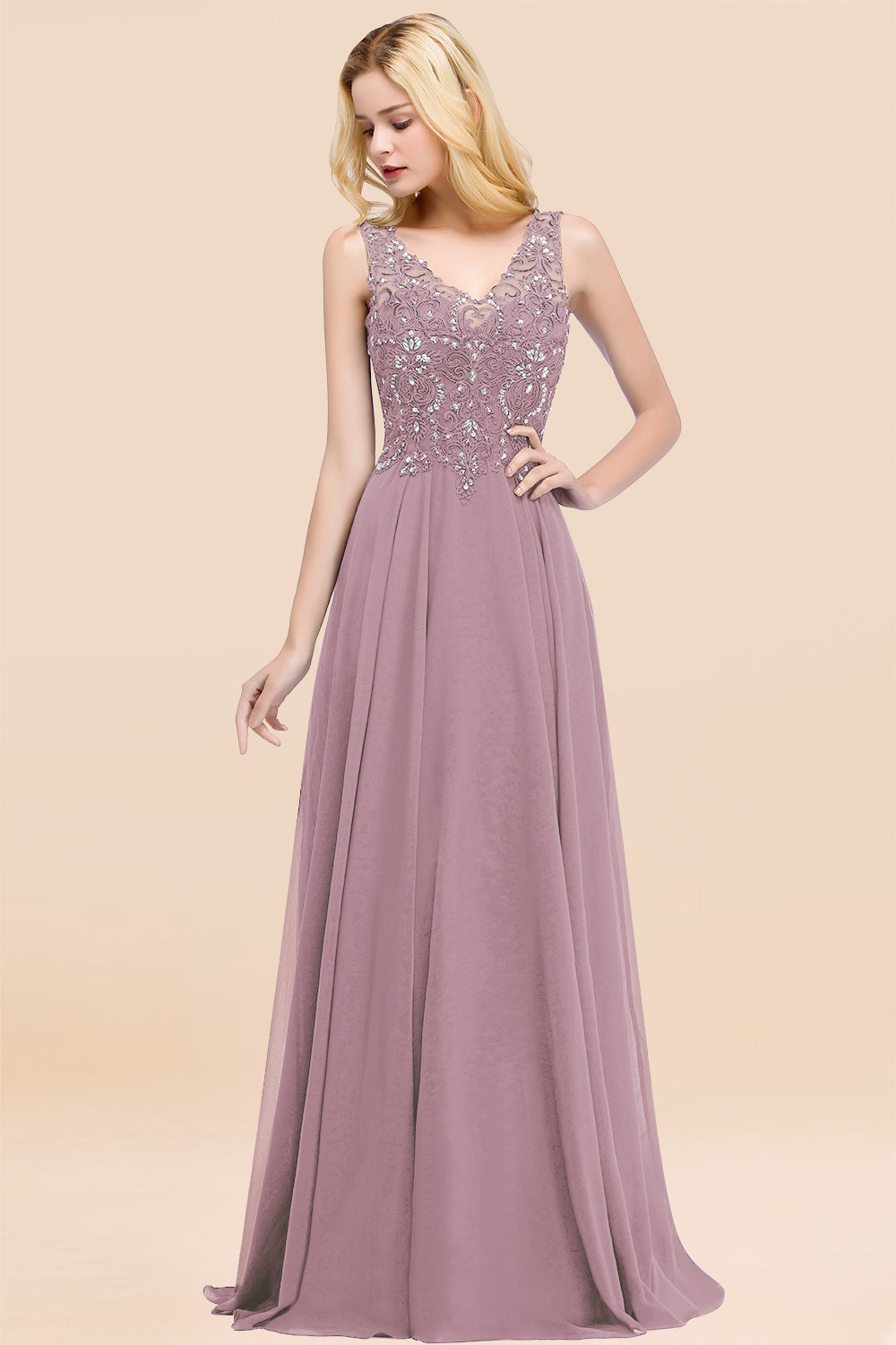 Dusty Rose Lace V-Neck Long Bridesmaid Dresses With Appliques