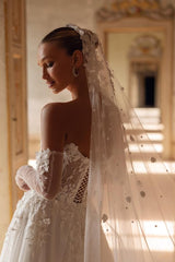 Strapless Long A Line Tulle Appliques Lace Floor Length Wedding Dress with Long Gloves