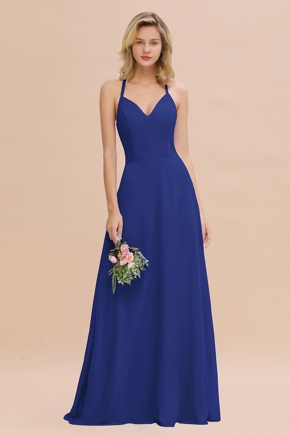 Stylish Chiffon Spaghetti Straps Sleeveless Long Bridesmaid Dress