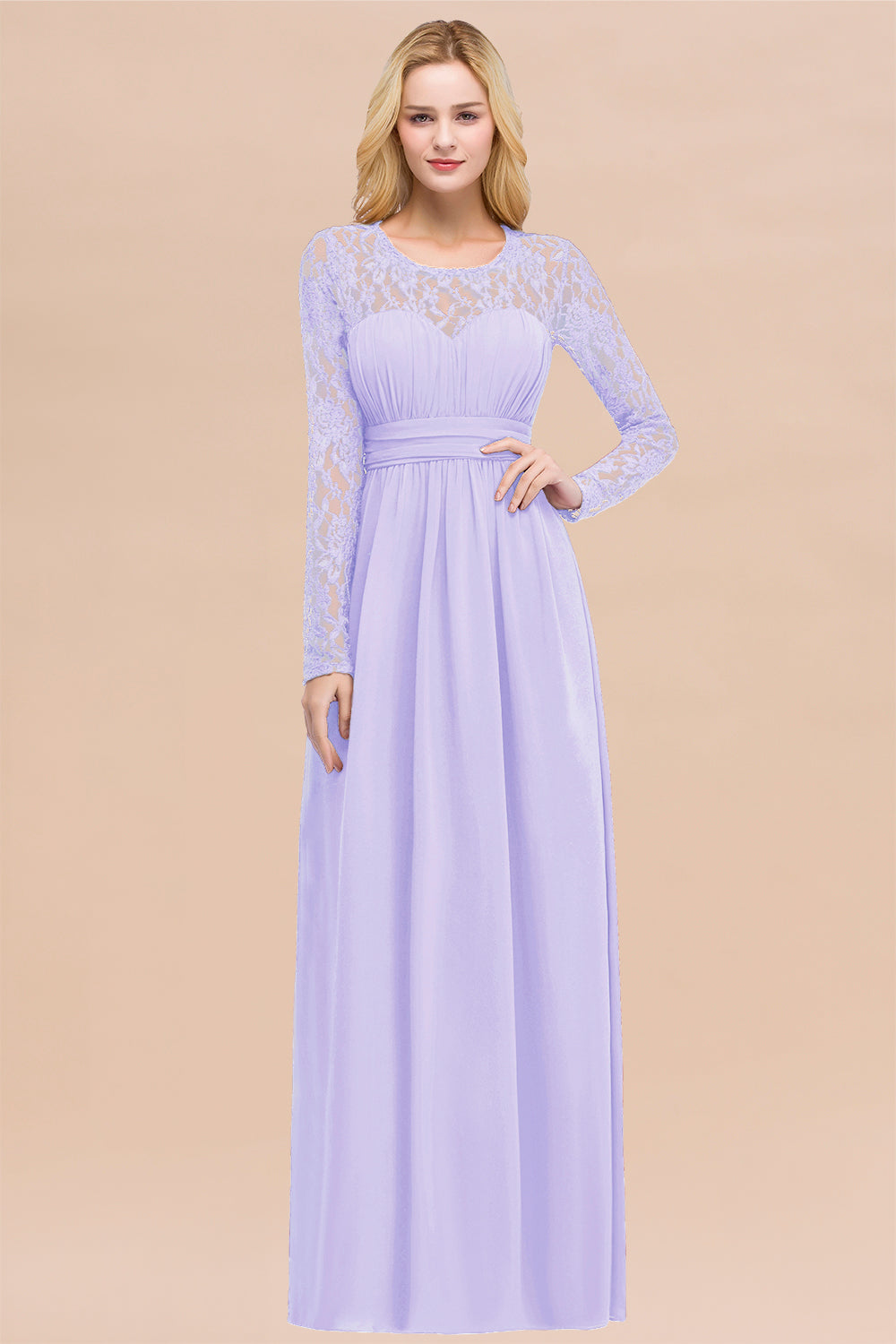 Elegant A-Line Chiffon Jewel Long Sleeves Ruffles Floor Length Bridesmaid Dresses