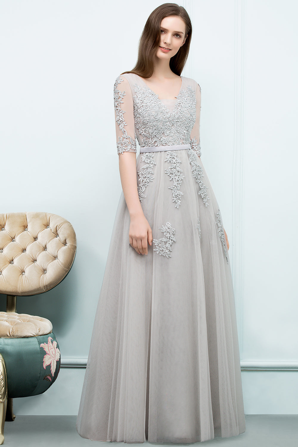 Long V-neck Tulle Lace A-line Evening Dress with Sleeves