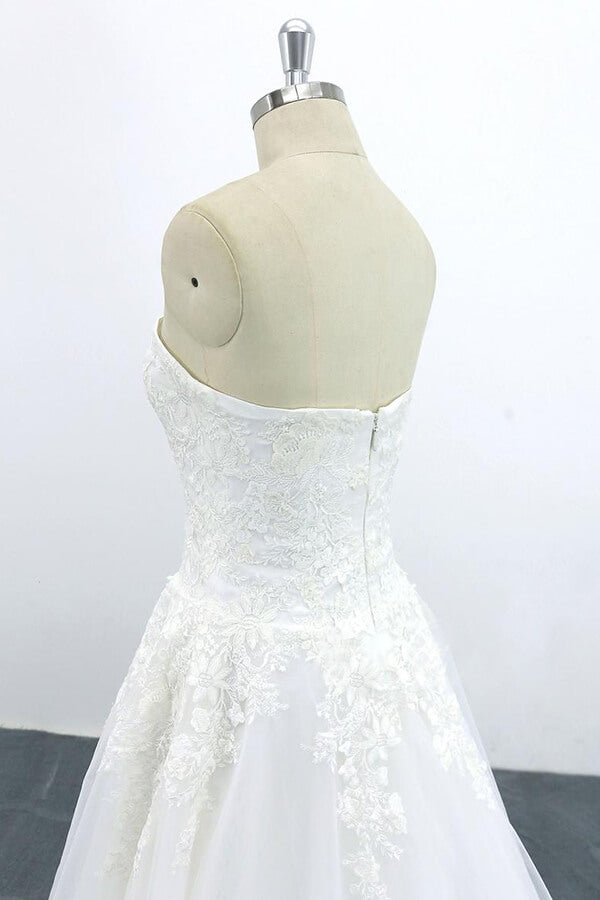 Long A-line Strapless Appliques Lace Tulle Wedding Dress
