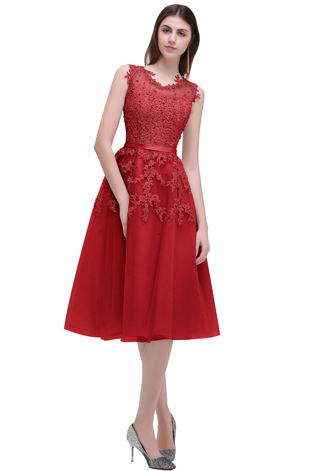 Short A-line Sleeveless Crew Neck Tulle Lace Formal Dress
