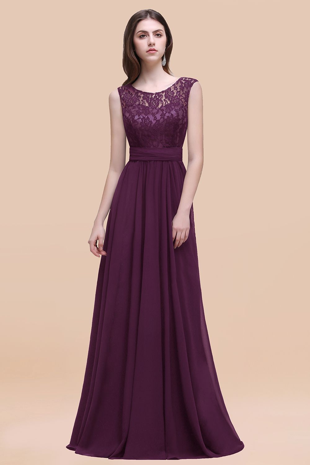 Elegant A-line Chiffon Lace Scoop Sleeveless Floor Length Bridesmaid Dress