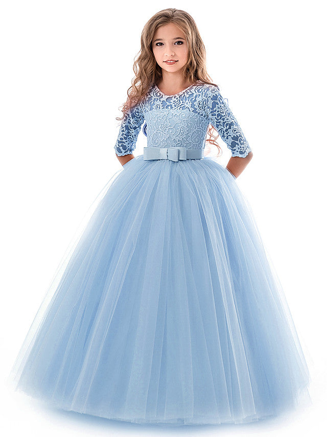 Long Ball Gown Tulle Lace Jewel Neck Flower Girl Dresses with Half Sleeve