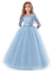 Long Ball Gown Tulle Lace Jewel Neck Flower Girl Dresses with Half Sleeve