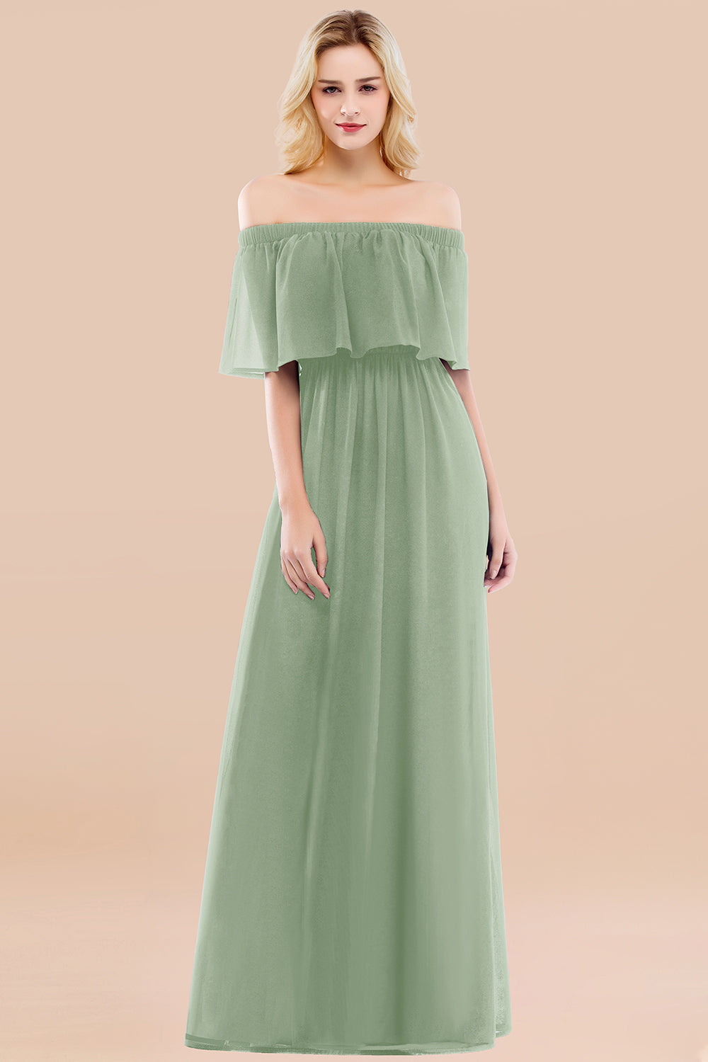 A-line Chiffon Off the Shoulder Short Sleeves Ruffles Floor Length Bridesmaid Dress