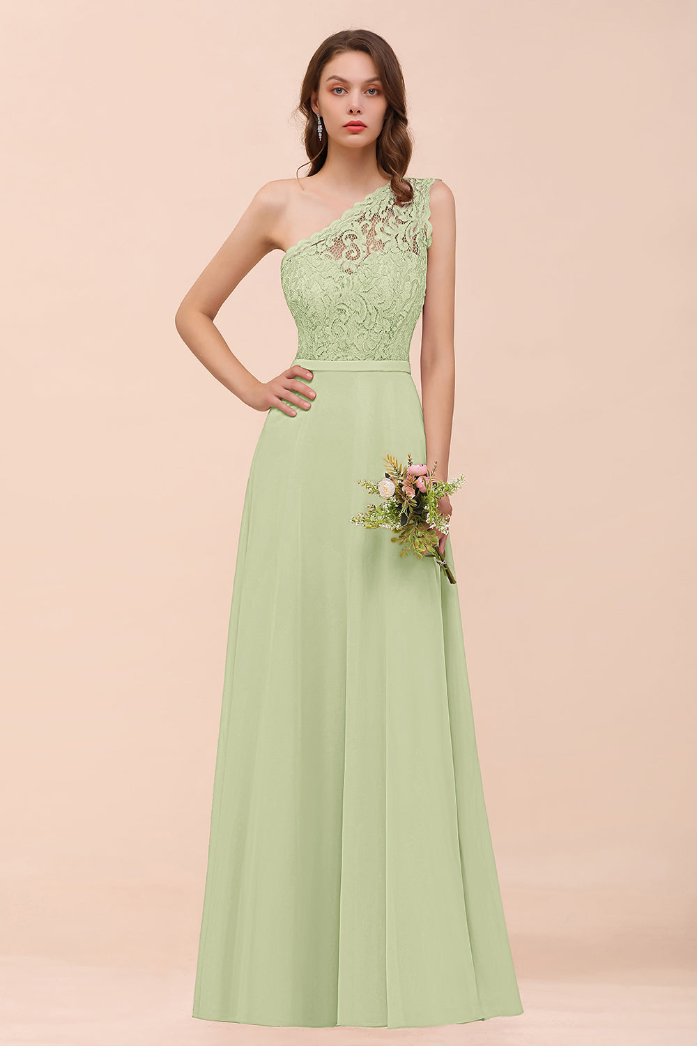 Classy One Shoulder Appliques Lace Floor Length A-Line Chiffon Bridesmaid Dress