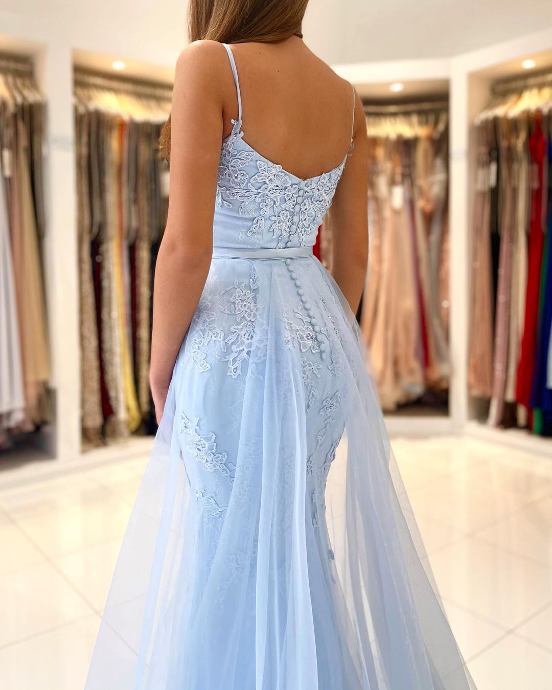 Long Mermaid Spaghetti Straps Prom Dress with Appliques Lace