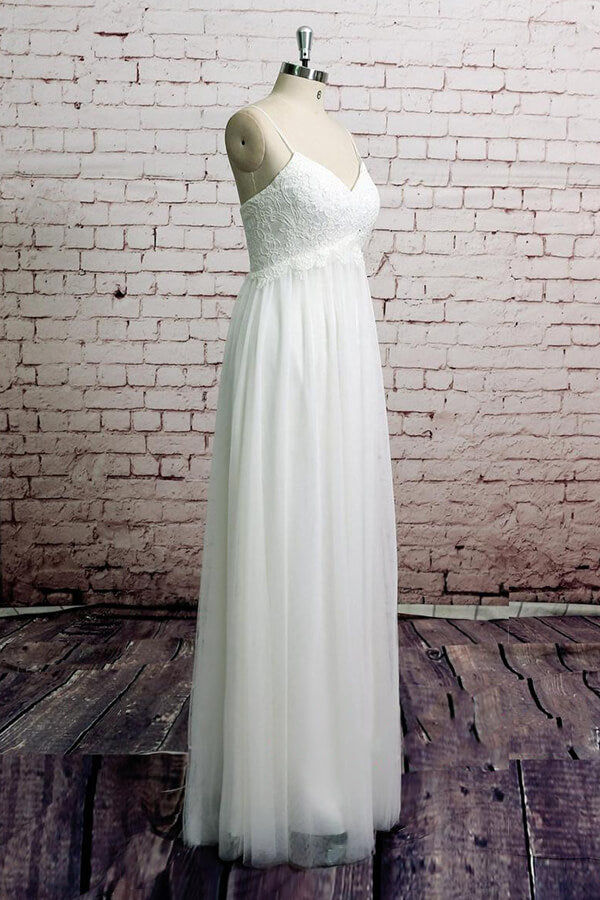 Long A-line Empire Spaghetti Strap Lace Tulle Wedding Dress