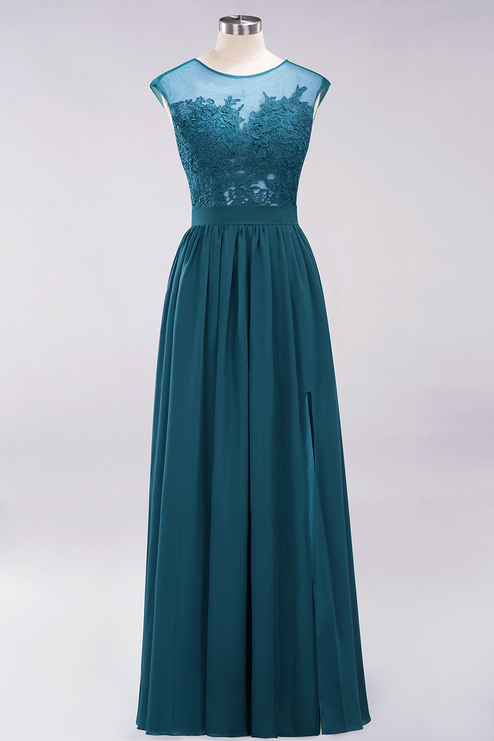 A-line Chiffon Lace Jewel Sleeveless Floor Length Bridesmaid Dresses with Appliques