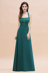 Long Wide Straps A-Line Halter Chiffon Wedding Guest Dresses