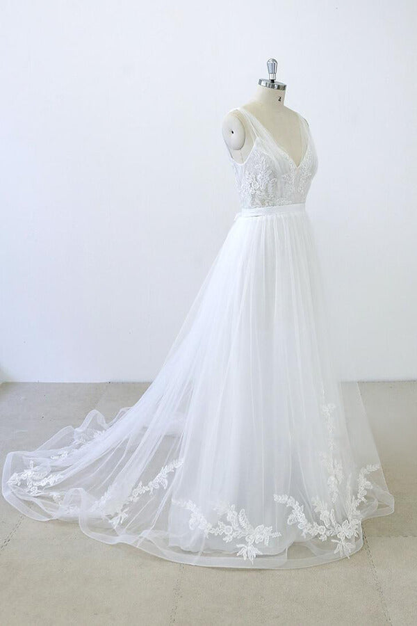 Long White V-neck Ruffle Applqiues Tulle A-line Wedding Dress