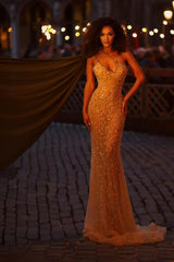 Sequins One Shoulder Long Mermaid Beaded Tulle Prom Dress