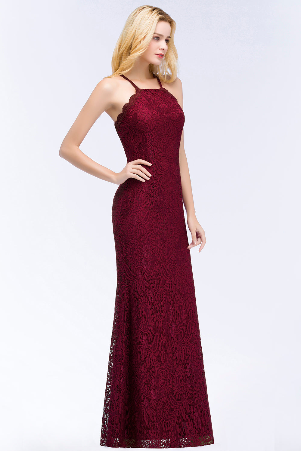 Mermaid Floor Length Halter Lace Burgundy Bridesmaid Dresses