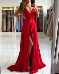 Long A-line V-neck Satin Open Back Prom Dress with Slit