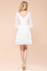 Elegant White Long Sleeve Deep V-neck A-line Knee-length Chiffon Bridesmaid Dress