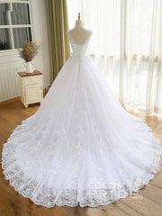 Modest White Long A-line V-Neck Tulle Lace-up Wedding Dresses
